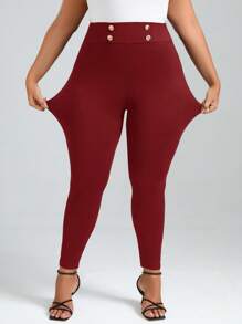 SHEIN Clasi 大碼高腰紐扣細節緊身打底褲 - 酒紅色 - 查看 3