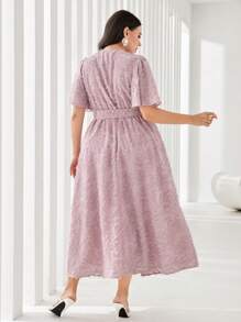 Modelyn Plus Butterfly Sleeve Fuzzy Belted Dress - Dusty Pink - View 2
