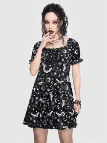 ROMWE Goth Galaxy Print Tie Front Puff Sleeve Dress - Black and White - View 5