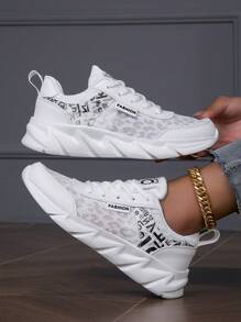 秋冬新款轻盈网眼透气休闲跑鞋，女士加大码时尚慢跑运动鞋，男士校园系带圆头运动鞋，舒适旅行情侣鞋 - 白色 - 查看 3