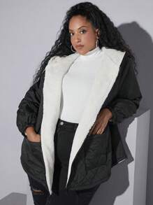 SHEIN CURVE+ Dual Pocket Drop Shoulder Hooded Teddy Lined Quilted Coat Flannels Curve Plus - Black - View 3