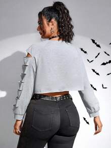 SHEIN EZwear 大碼萬聖節梯狀鏤空插肩袖短款運動衫 - 深灰色 - 查看 2
