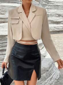 SHEIN Privé Cổ áo Thánh giá Buộc lại Crop Blazer - Màu Khaki - Xem 3