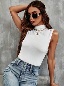 SHEIN LUNE Mock Neck Ribbed Knit Tank Top - White - View 6