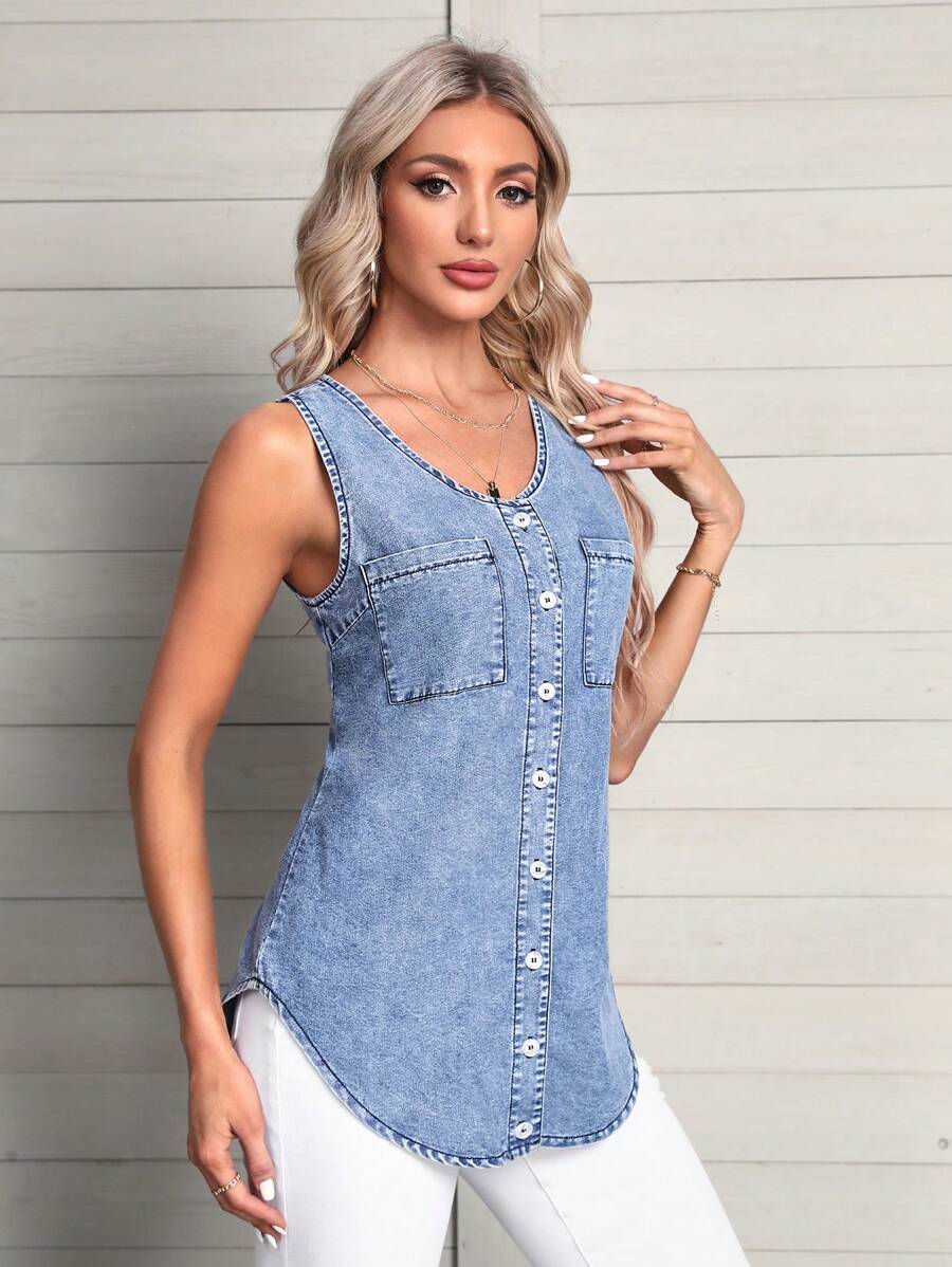 SHEIN LUNE 前紐扣弧形下擺牛仔背心上衣 - 淺色水洗藍 - 查看 1