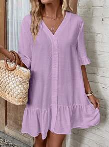 SHEIN LUNE 喇叭袖荷葉邊和服罩衫 - 紫丁香色 - 查看 3