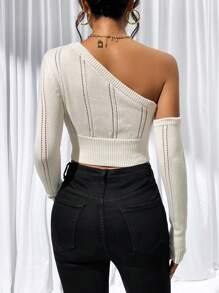 SHEIN Privé Asymmetrical Neck Crop Sweater,Long Sleeve Tops - Apricot - View 2