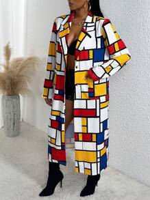 Slaydiva Abrigo con estampado geométrico de cuello con solapa - Multicolor - Ver 3