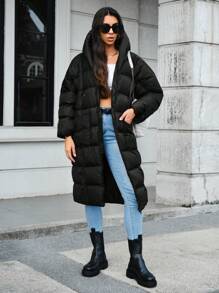 EURMUSE Zip Up Hooded Puffer Coat - Black - View 3