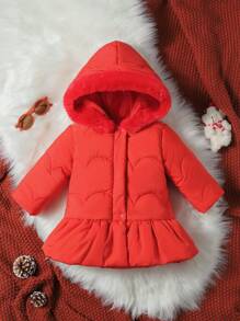 Baby Girl Button Front Ruffle Hem Hooded Padded Coat - Red - View 1