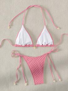SHEIN Swim 夏季沙灘風吊帶三角領綁帶比基尼套裝 - 粉色 - 查看 2