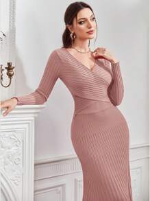 Modelyn Solid Wrap Cross Sweater & Mermaid Hem Knit Skirt - Dusty Pink - View 3