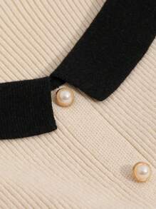 DAZY Contrast Trim Button Front Ribbed Sweater,Long Sleeve Tops,Fall Clothes - Apricot - View 7