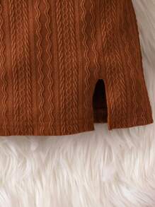 SHEIN Baby Girl Two Tone Flounce Sleeve Split Hem Dress & Hat - Brown - View 7