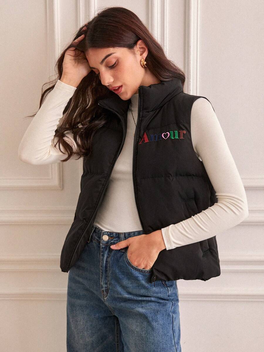 SHEIN Frenchy Letter Embroidery Zip Up Vest Padded Coat Winter Black - Black - View 1