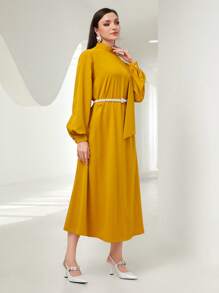 Modelyn Mock Neck Lantern Sleeve Dress Without Belt - Mustard Yellow - View 2