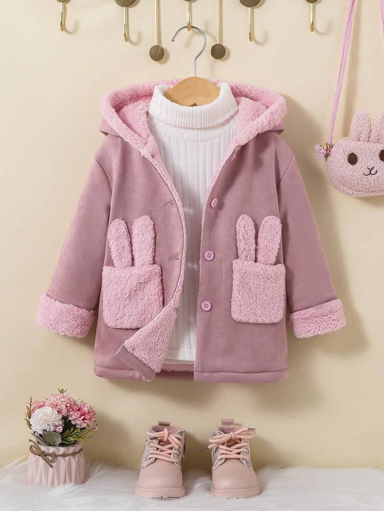 Baby Girl Dual Pocket Teddy Lined Hooded Coat Without Sweater