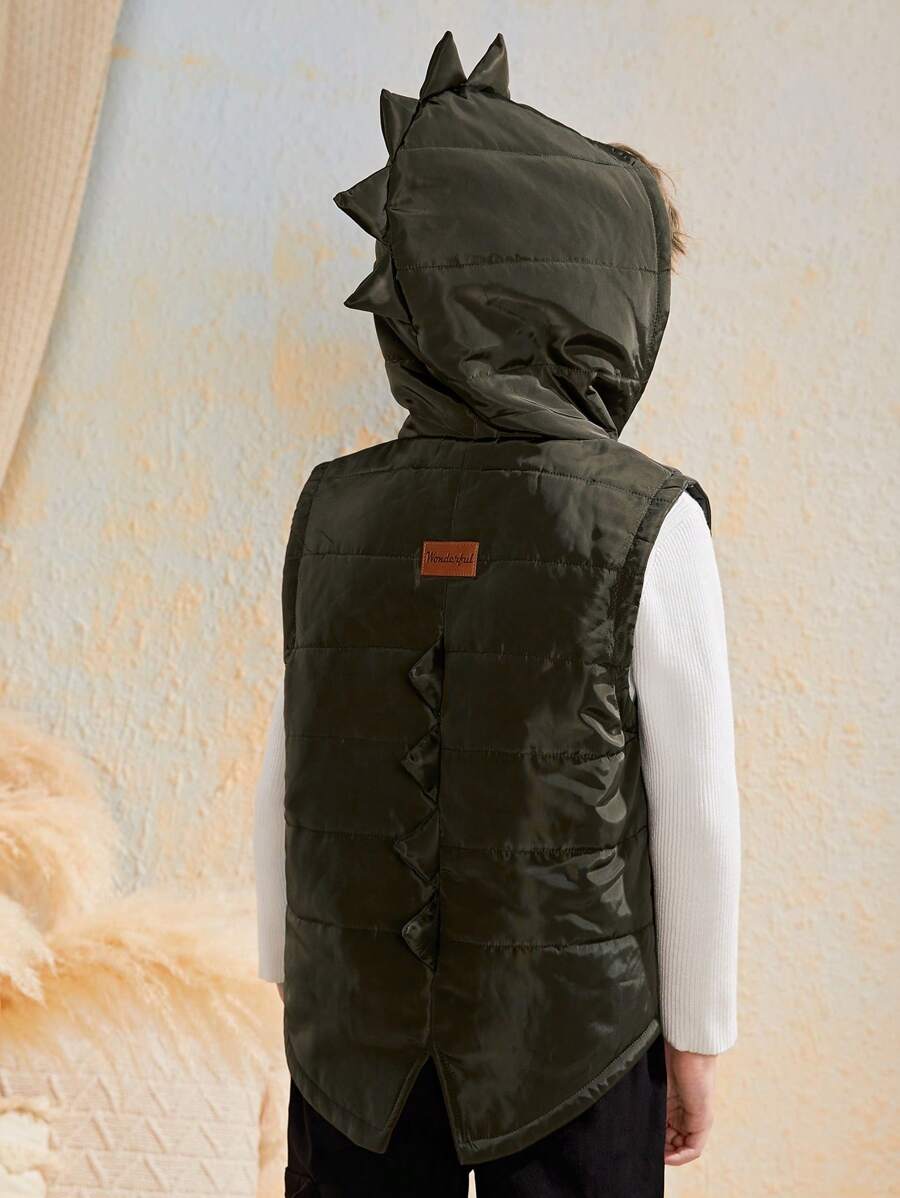 SHEIN Tween Boy 1 件恐龙图案贴片细节连帽背心加厚外套 - 軍綠色 - 查看 1