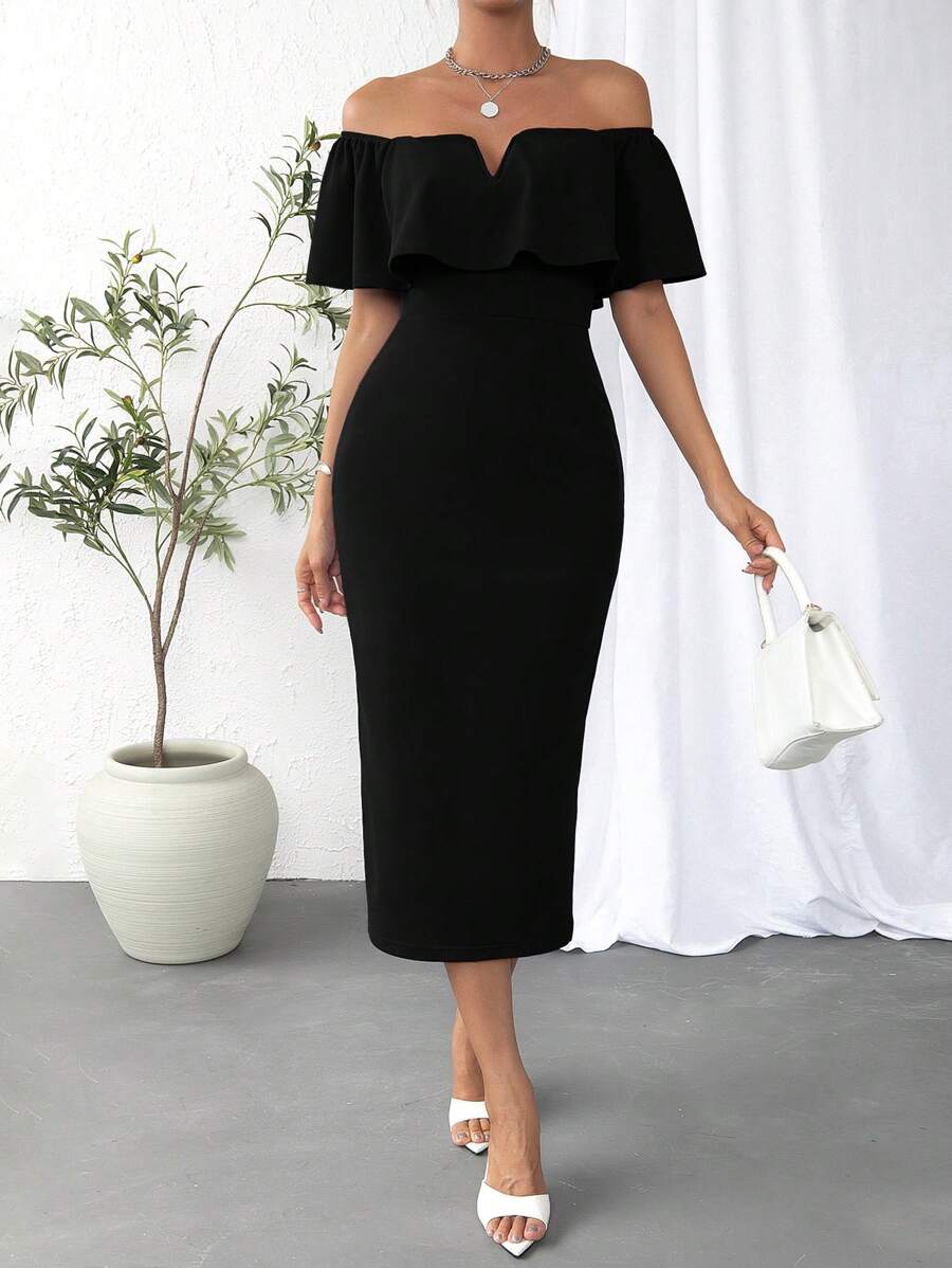 Firerie Off Shoulder Ruffle Trim Split Hem Bodycon Dress