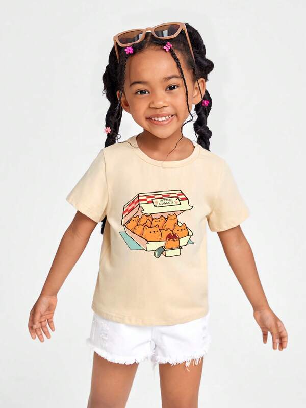 Tobefonseca Artist Collection- Young Girl Casual Cartoon Printed Graphic Tee Short Sleeve T-Shirt, Summer, 95% Cotton, For Holiday, Spring