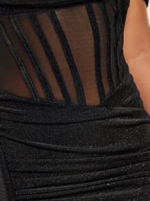 SHEIN BAE Váy lưới trễ vai có dây xếp nếp bên hông Váy bodycon lấp lánh - màu đen - Xem 6