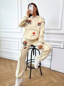 SHEIN Unity In Đầu lâu Khâu trên cùng Thả vai Dây rút Áo Hoodie & Quần thể thao - Màu be - Xem 4