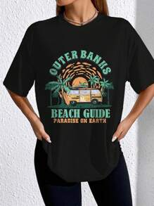 SHEIN EZwear Car & Slogan Graphic Drop Shoulder Tee - Black - View 3