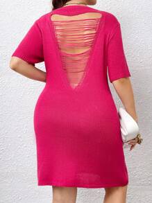 Calvaya Talla grande Vestido de punto unicolor de cuello redondo - Rosa Fucsia - Ver 1