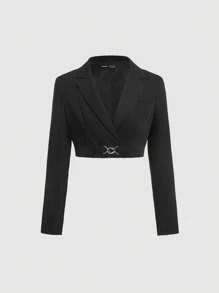 SHEIN MOD 西裝領金屬裝飾墊肩短版西裝 - 黑色 - 查看 1