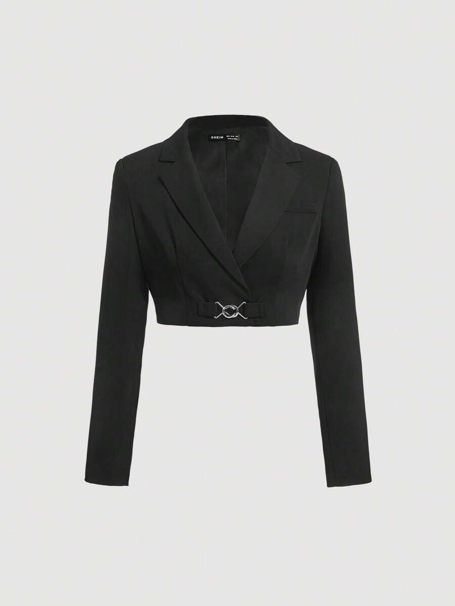 SHEIN MOD 西裝領金屬裝飾墊肩短版西裝 - 黑色 - 查看 1