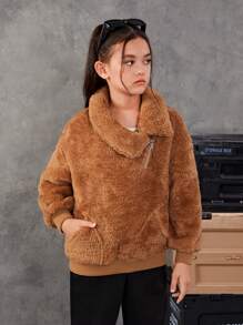 SHEIN Cô gái Tween Vạt trước một nửa khóa kéo Túi kangaroo Thả vai Teddy Áo nỉ - màu nâu - Xem 3