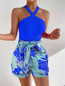 SHEIN Unity Solid Halter Top & Floral Print Belted Shorts - Royal Blue - View 4