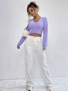SHEIN Qutie Đồ đan Ribbed Nút phía trước Cắt sửa áo lông cừu - Màu Lilac Tím - Xem 6
