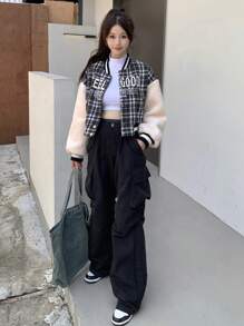 DAZY Đồ họa Chữ cái Kẻ sọc Tartan Thả vai Quá lớn Áo khoác bomber - Nhiều màu - Xem 3