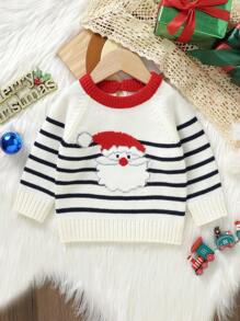 Baby Boy Striped & Christmas Santa Pattern Raglan Sleeve Sweater for Christmas - White - View 1