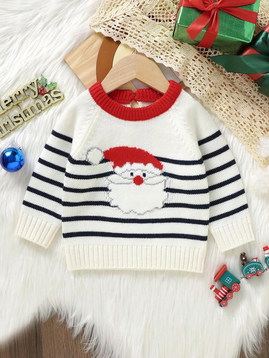 Baby Boy Striped & Christmas Santa Pattern Raglan Sleeve Sweater for Christmas - White - View 1