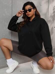 Flirla Plus Size Feather Print Drop Shoulder Sweatshirt - Black - View 2