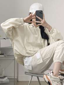 DAZY 實色落肩袖口帶口袋的寬鬆抽繩連帽外套 - 米色 - 查看 3