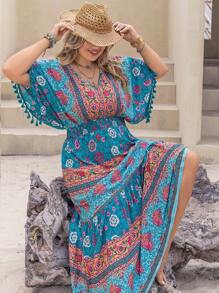 Rusttydustty Hơn In hoa áo tay bướm Xù Hoa Sen Đầm - Màu xanh lam - Xem 3