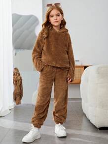 SHEIN Cô gái Tween Thư được vá Flannel Áo Hoodie & Quần - màu nâu - Xem 3