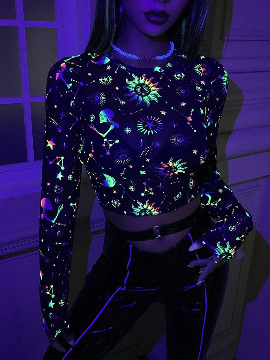 SHEIN ICON Halloween Reflective Y2k Galaxy Print Crop Mesh Top Without Bra - Multicolor - View 1