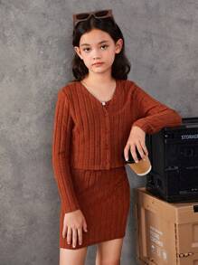 SHEIN Chica preadolescente Vestido de tirantes unicolor & Cazadora con botón delantero - Naranja Quemada - Ver 3