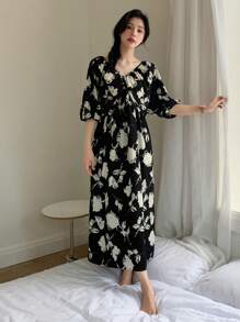 DAZY Allover Floral Print Night Dress - Black - View 3
