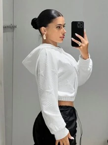 SHEIN ICON 素色星星插肩袖抽繩短款連帽衫 - 白色 - 查看 4