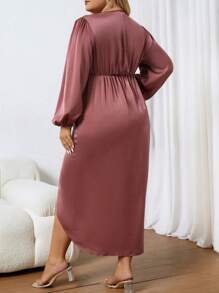 SHEIN Clasi Plus Lantern Sleeve Wrap Hem Dress - Brown - View 2