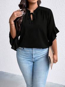 EMERY ROSE Plus Tie Neck Flounce Sleeve Blouse - Black - View 1