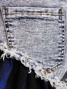 Denimoi Plaid Flare Frayed Hem Denim Skort - Multicolor - View 8