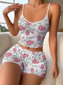 Floral Print Lettuce Trim Cami Top & Shorts PJ Set / Pajama Set - Multicolor - View 1