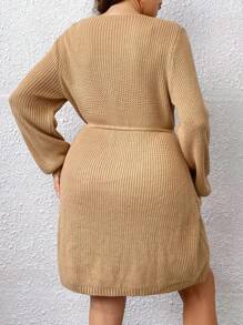 SHEIN Clasi Hơn Eo dây rút Tay áo lồng đèn Đầm Áo len - Màu be - Xem 3