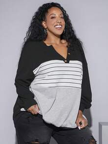 SHEIN CURVE+ Hơn In sọc Khối màu Thả vai Áo nỉ - Nhiều màu - Xem 2